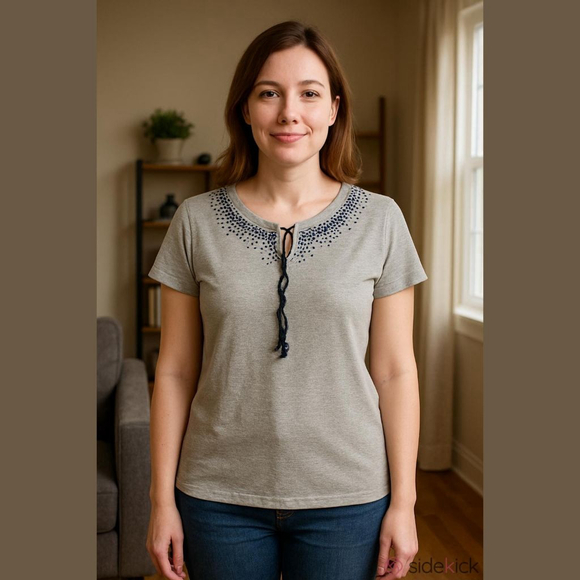 Women's Bonnie & Bill by Holly M Heather Grey Navy Embroidered Short Sleeve Tee - Picture 1 of 4